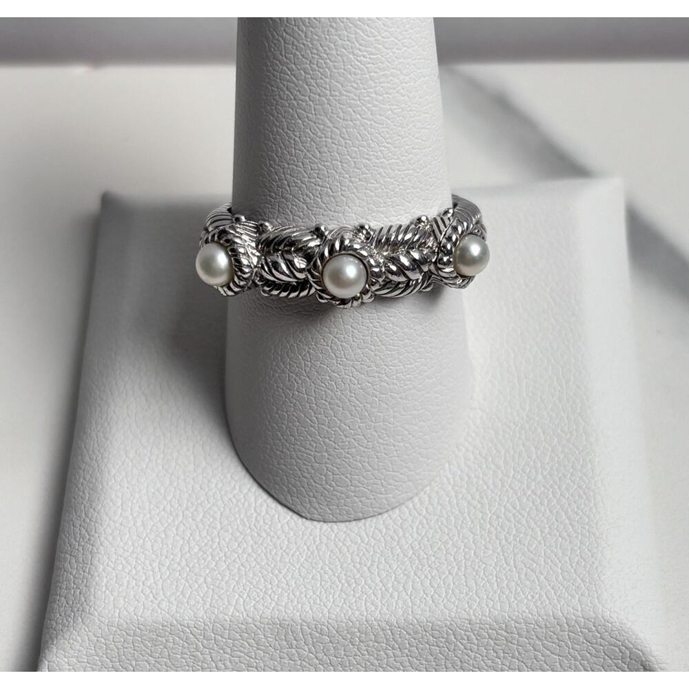 Judith Ripka 925 Sterling Silver Pearl Band Ring Size 10 Rope Cable Thailand
